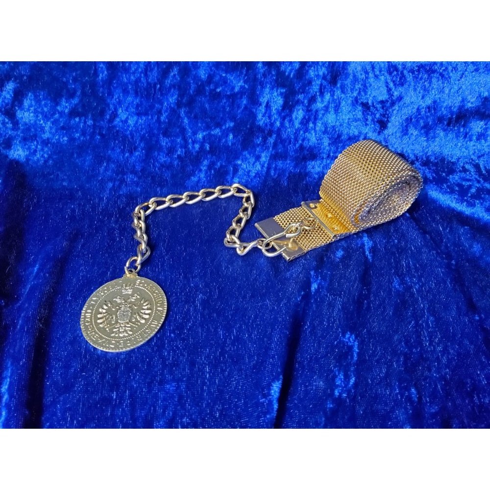Vintage Gold tone Mesh Belt with Faux Maria Theresa Coin, Adjustable, 32"- 40" p
